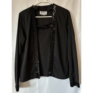 Teddi of California 12 Solid Black Sequin 2fer Shirt Cardigan tank jacket blouse